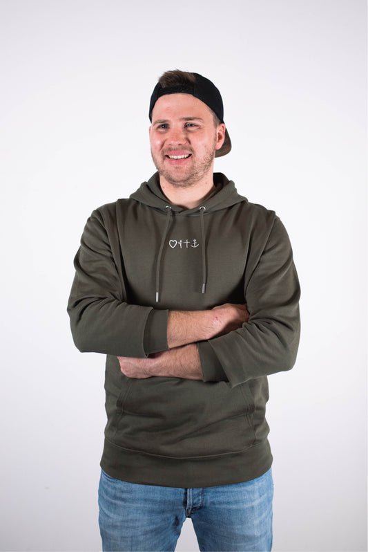 Model Oberkörperaufnahme, Produkt Hoodie, Motiv Gospel, Farbe Khaki