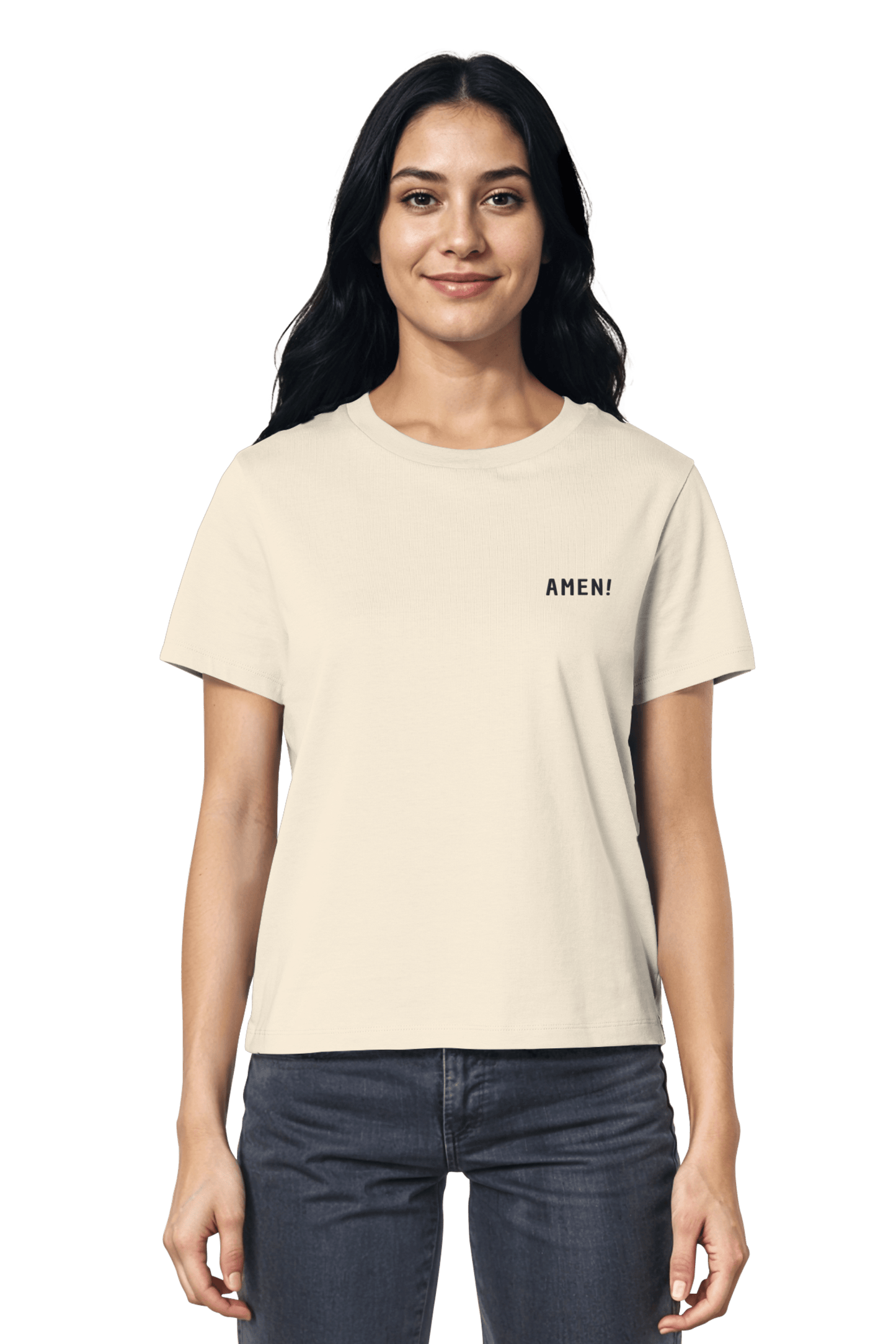 Natural Raw Bio-Baumwolle, minimalistisches Stickshirt Amen von Mission One More – nachhaltige christliche Mode für jeden Tag