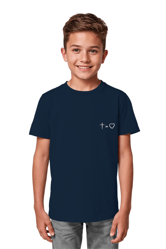 Christliche Bio-Baumwolle Streatwear French Navy fuer Kinder mit dem Motiv Kreuz gleich Liebe fair hergestellt