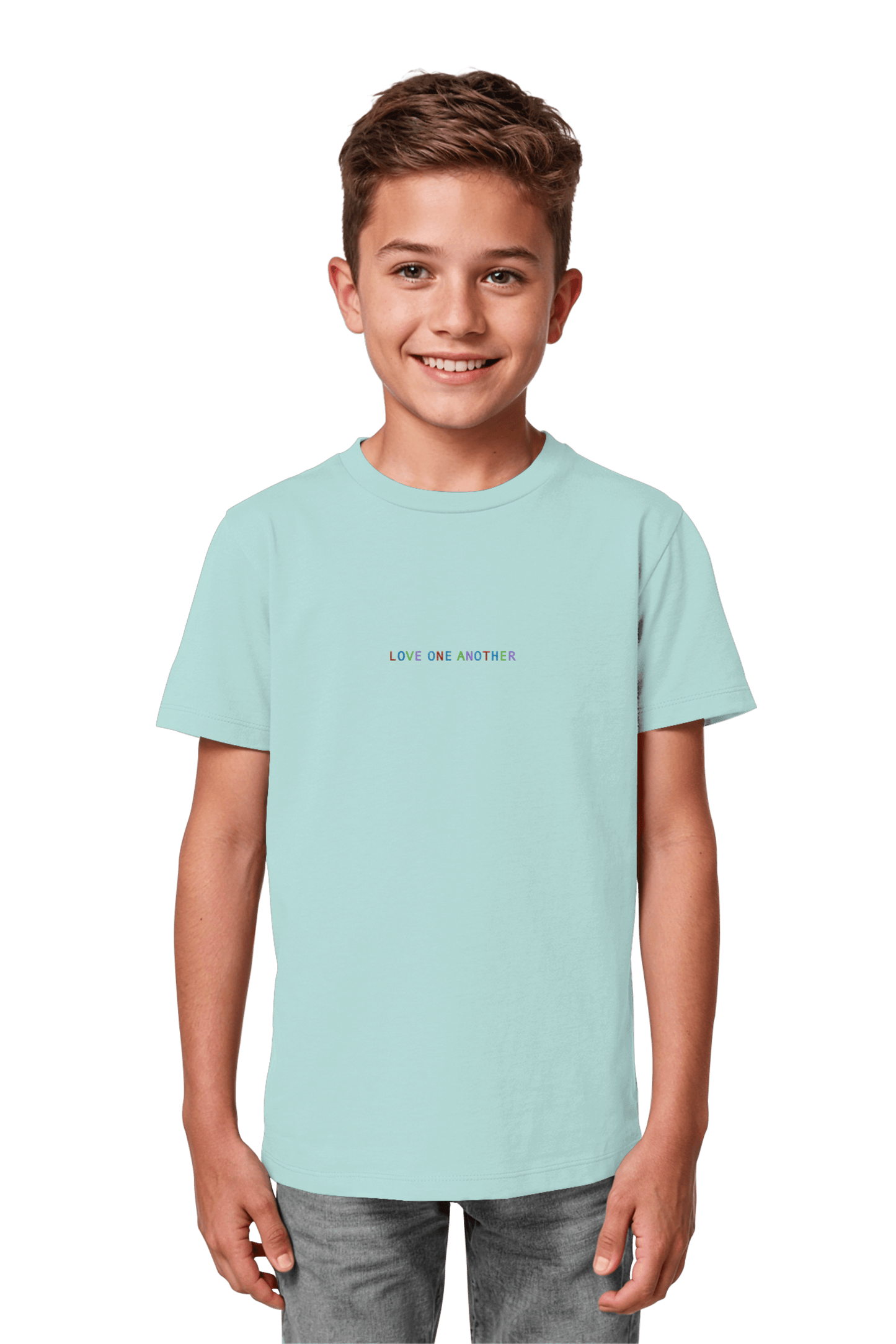 Love One Another Organic Shirt Blue, fair produzierte christliche Streetwear aus Bio-Baumwolle fuer Kids in der Vorderansicht
