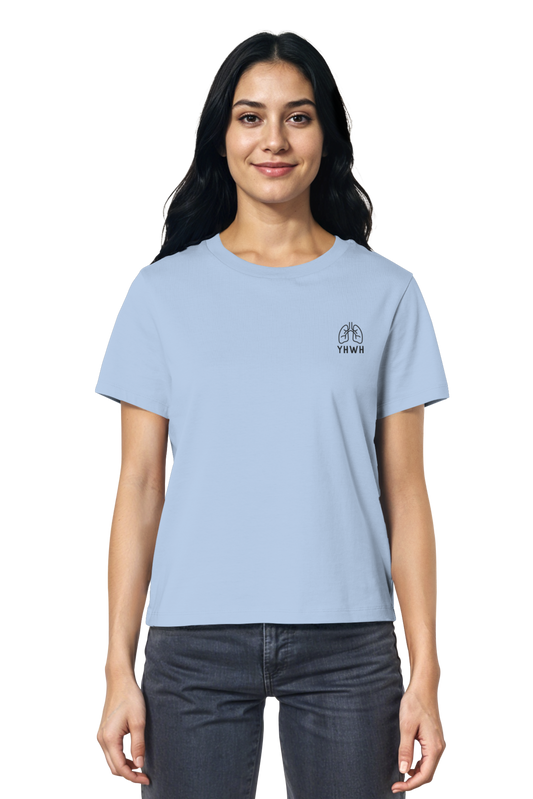 Mission One More ‚YHWH‘ Organic Ladies-Shirt in Hellblau mit minimalistiser Veredelung