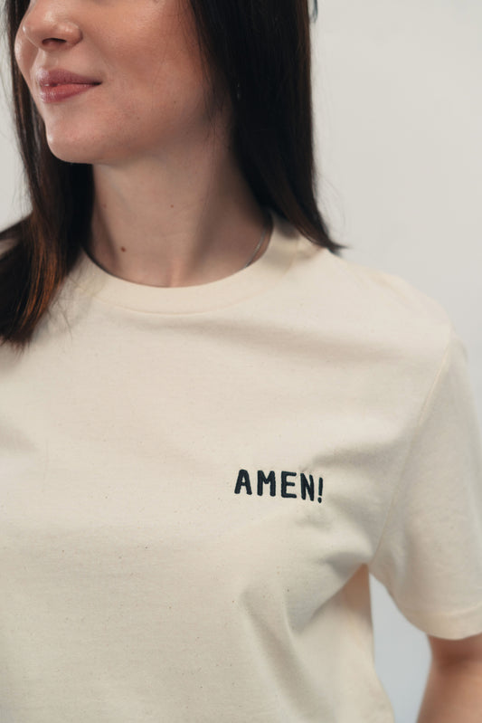 Model Nahaufnahme, Produkt T-Shirt, Motiv Amen!, Farbe Natural Raw