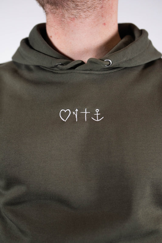 Model Nahaufnahme, Produkt Hoodie, Motiv Gospel, Farbe Khaki