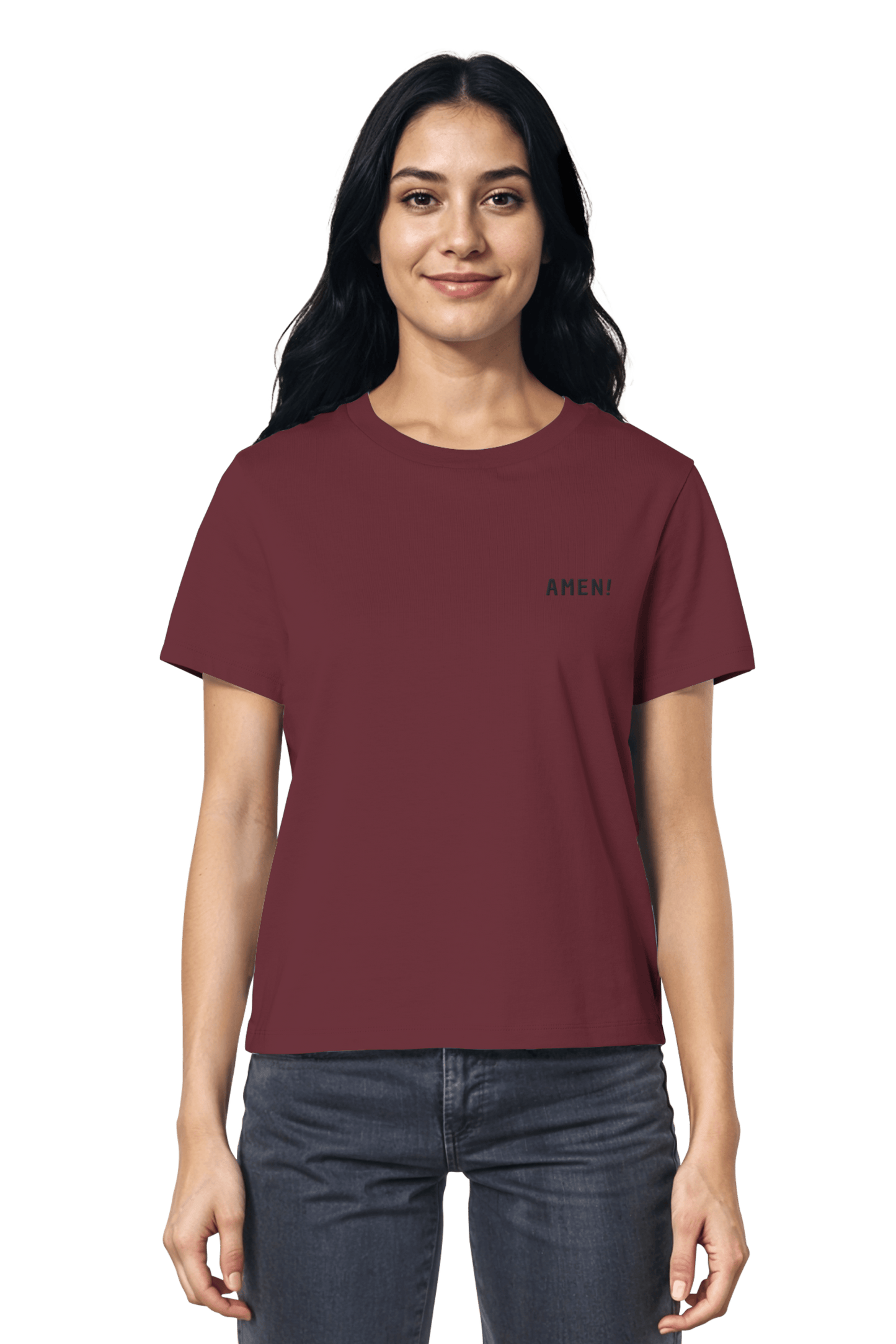 Burgundy Bio-T-Shirt mit kleinem Amen-Stickmotiv – schlichte Eleganz und gelebter Glaube in einem