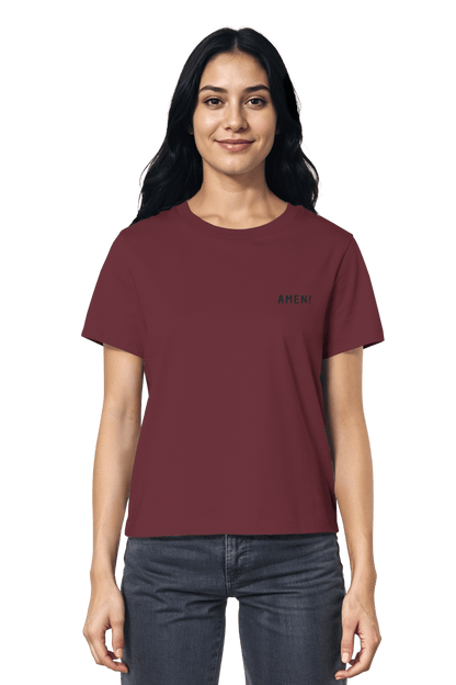 Burgundy Bio-T-Shirt mit kleinem Amen-Stickmotiv – schlichte Eleganz und gelebter Glaube in einem
