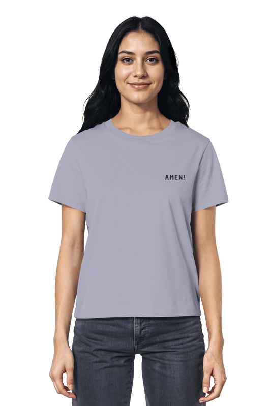 Lavender Damen-T-Shirt mit feiner Stickerei 'Amen' – christliche Fair Fashion aus zertifizierter Bio-Baumwolle