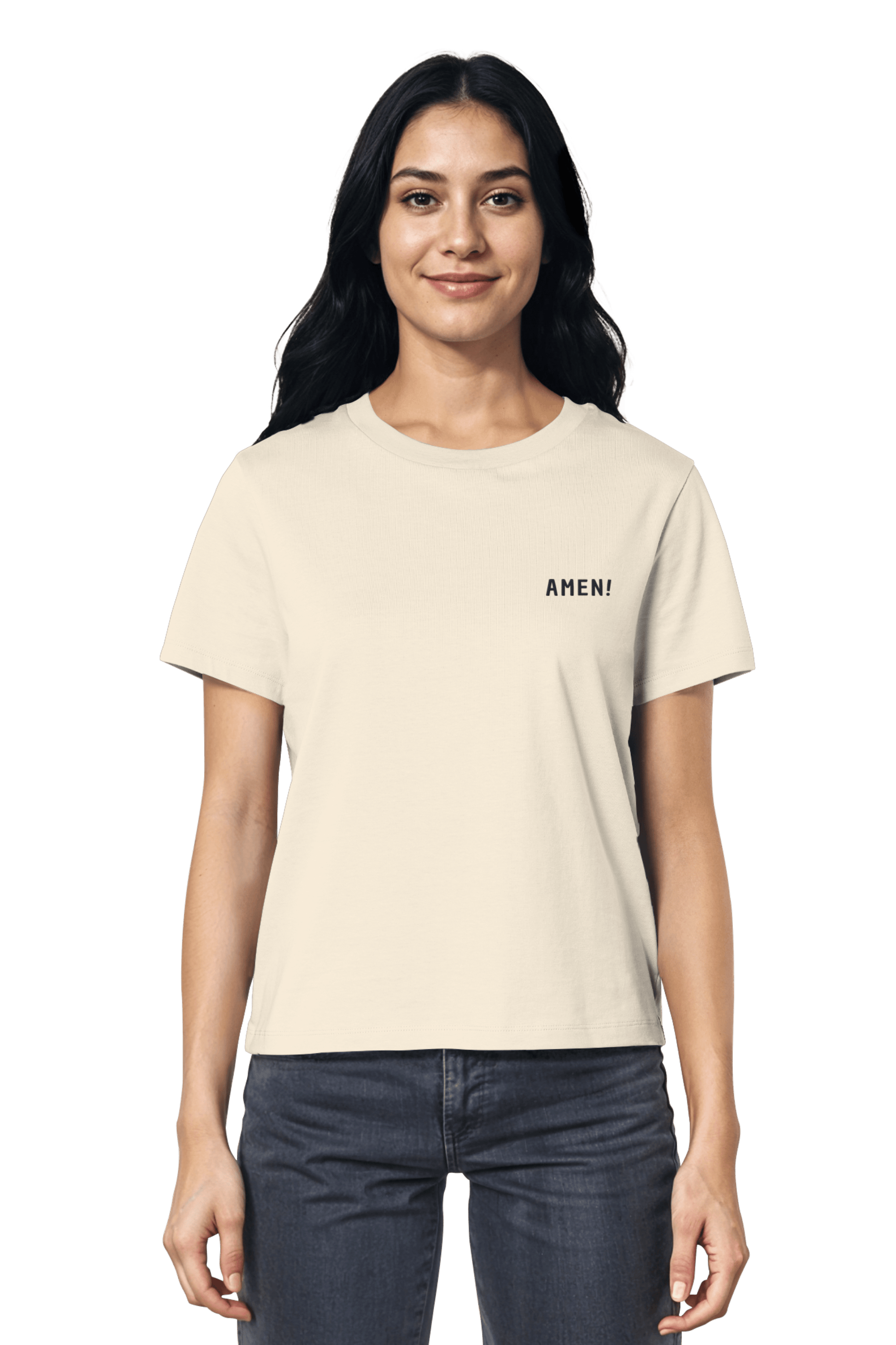 Natural Raw Bio-Baumwolle, minimalistisches Stickshirt Amen von Mission One More – nachhaltige christliche Mode für jeden Tag