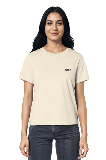 Natural Raw Bio-Baumwolle, minimalistisches Stickshirt Amen von Mission One More – nachhaltige christliche Mode für jeden Tag