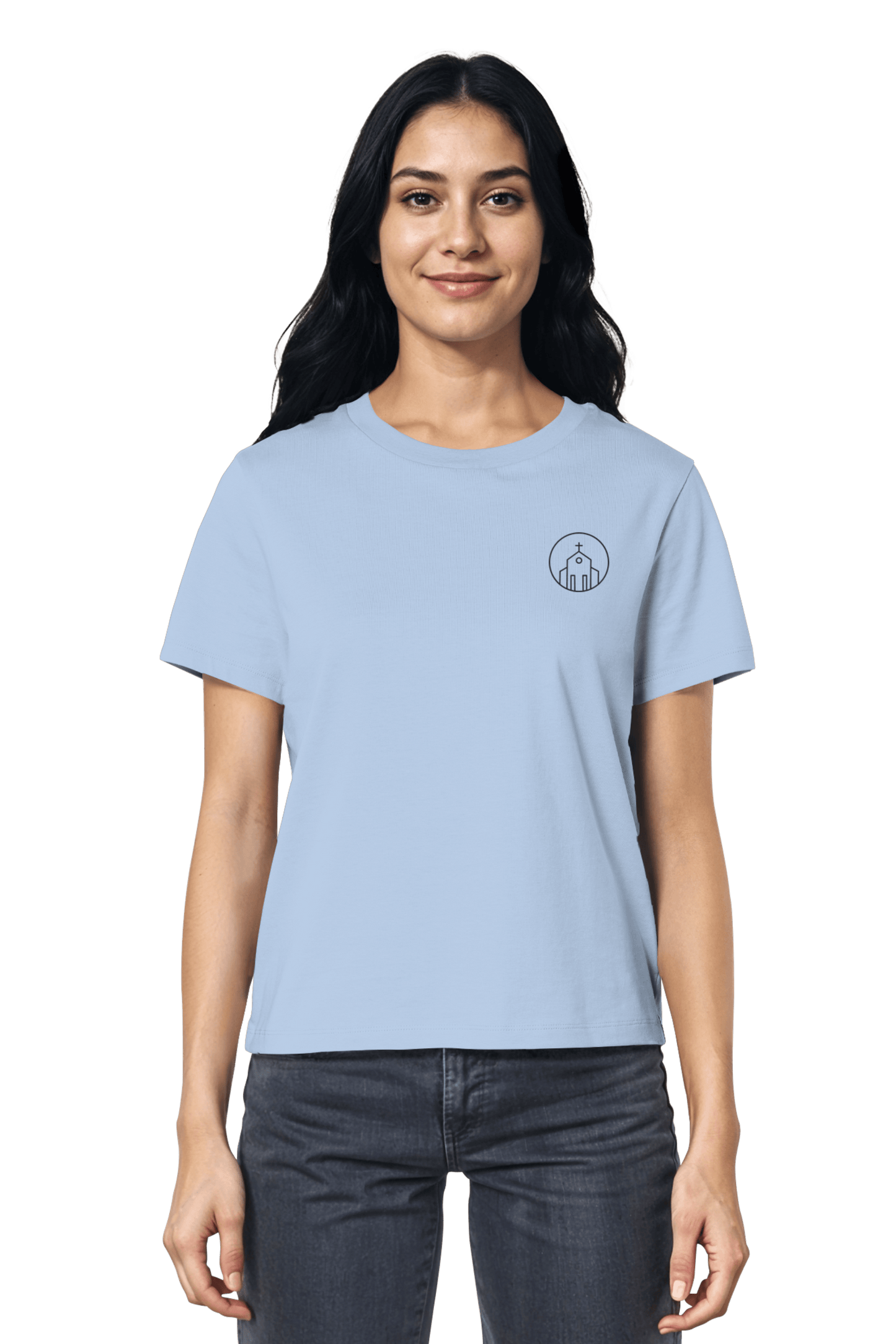 Glaube sichtbar gemacht – minimalistisches Mission One More Shirt mit feiner Stickerei Church aus Bio-Baumwolle Blue Soul