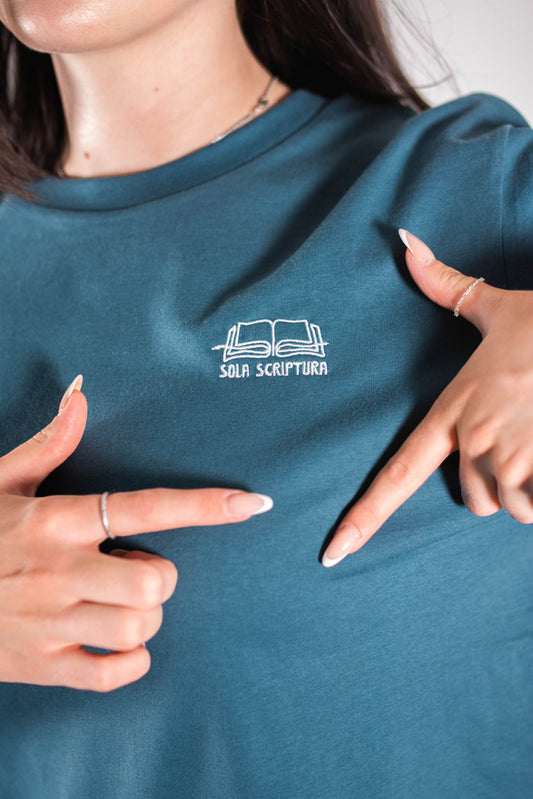 Model Nahaufnahme, Produkt T-Shirt, Motiv Sola Scriptura, Farbe Stargazer