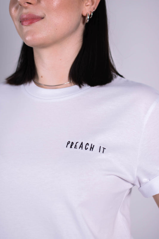 Model Nahaufnahme, Produkt T-Shirt, Motiv Preach It, Farbe White