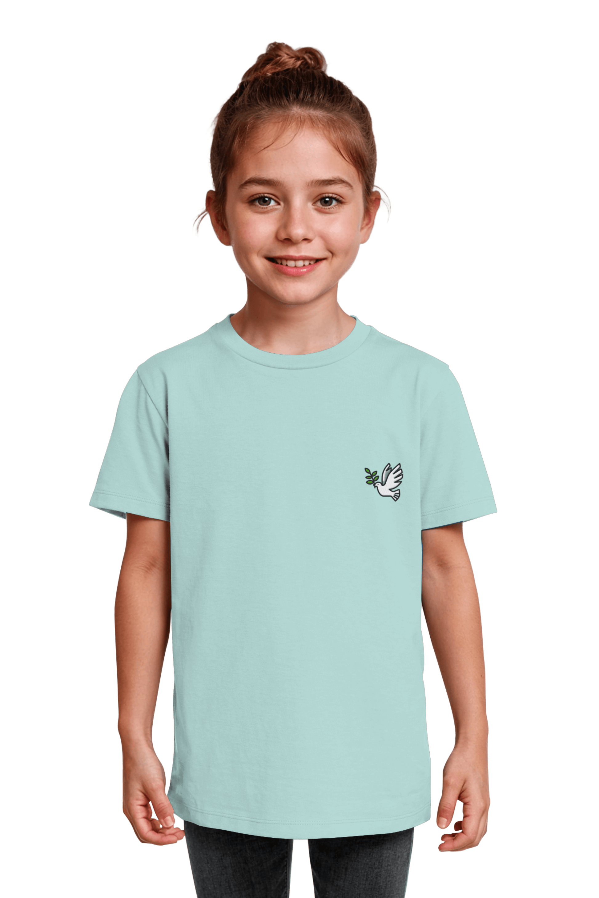 Christliches Bio-Baumwolle T-Shirt Caribbean Blue fuer Kinder mit dem Motiv Frieden nachhaltig hergestellt