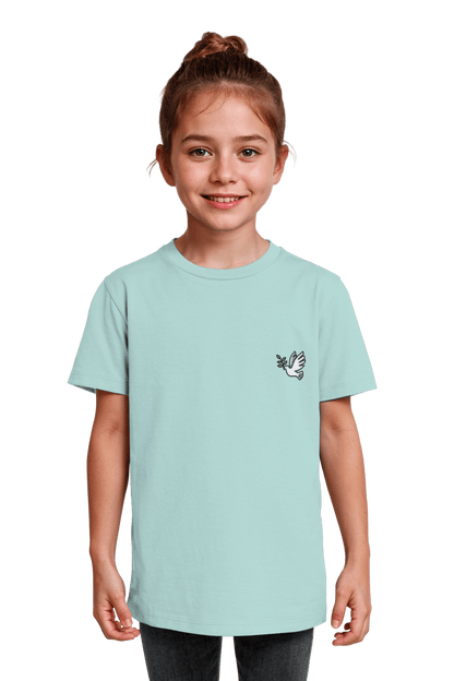 Christliches Bio-Baumwolle T-Shirt Caribbean Blue fuer Kinder mit dem Motiv Frieden nachhaltig hergestellt