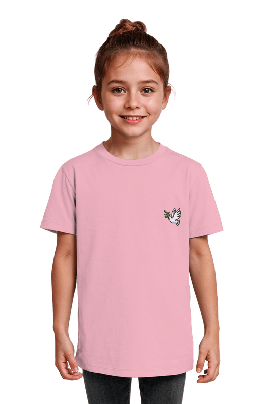 Vorderseite christliches Bio-Baumwolle T-Shirt Cotton Pink mit dem Motiv Frieden fair hergestellt fuer Kids