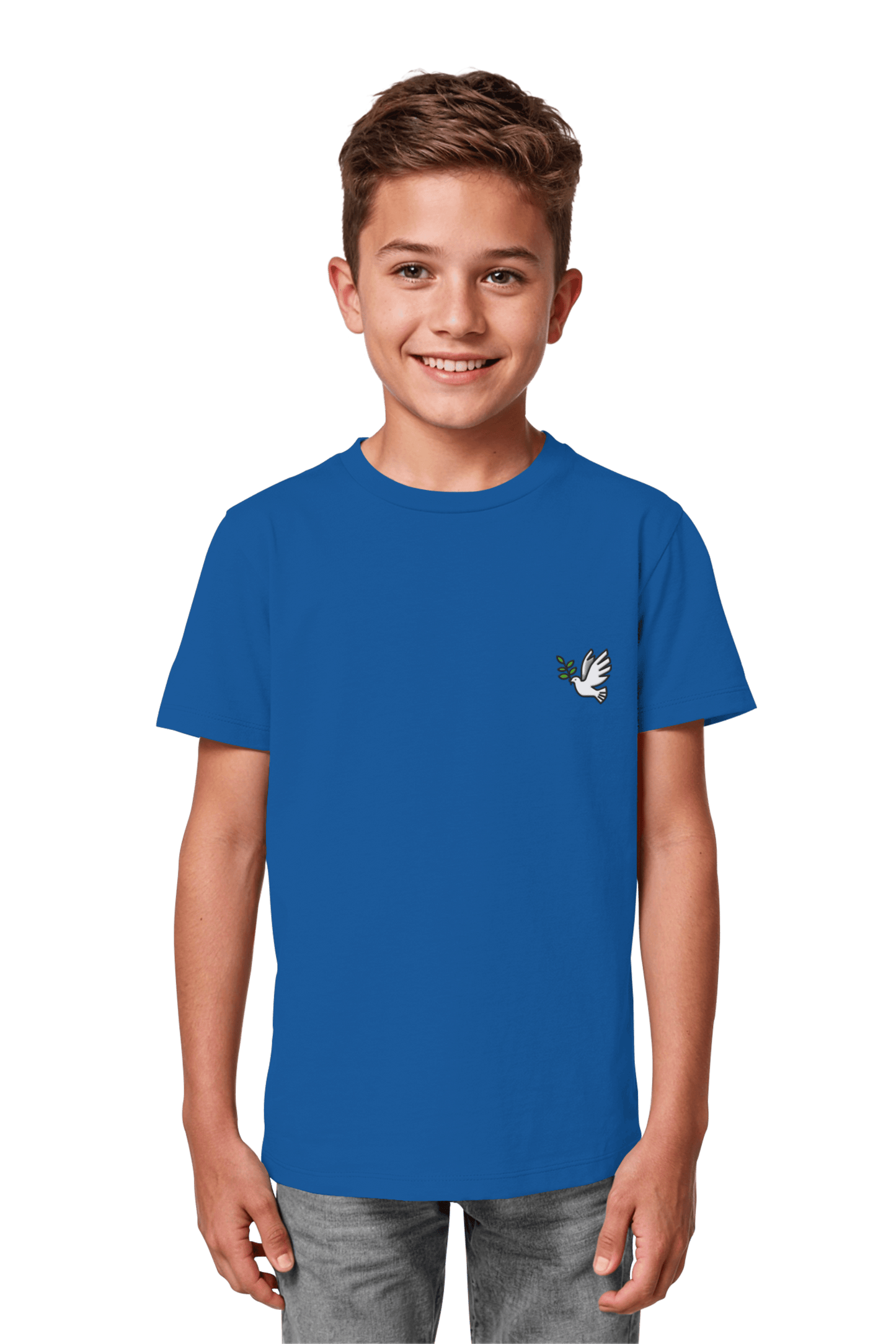 Christliches Bio-Baumwolle Shirt Royal Blue fuer Kinder mit dem Motiv Frieden - nachhaltige Mode Mission One More