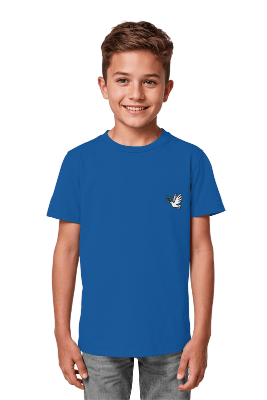 Christliches Bio-Baumwolle Shirt Royal Blue fuer Kinder mit dem Motiv Frieden - nachhaltige Mode Mission One More