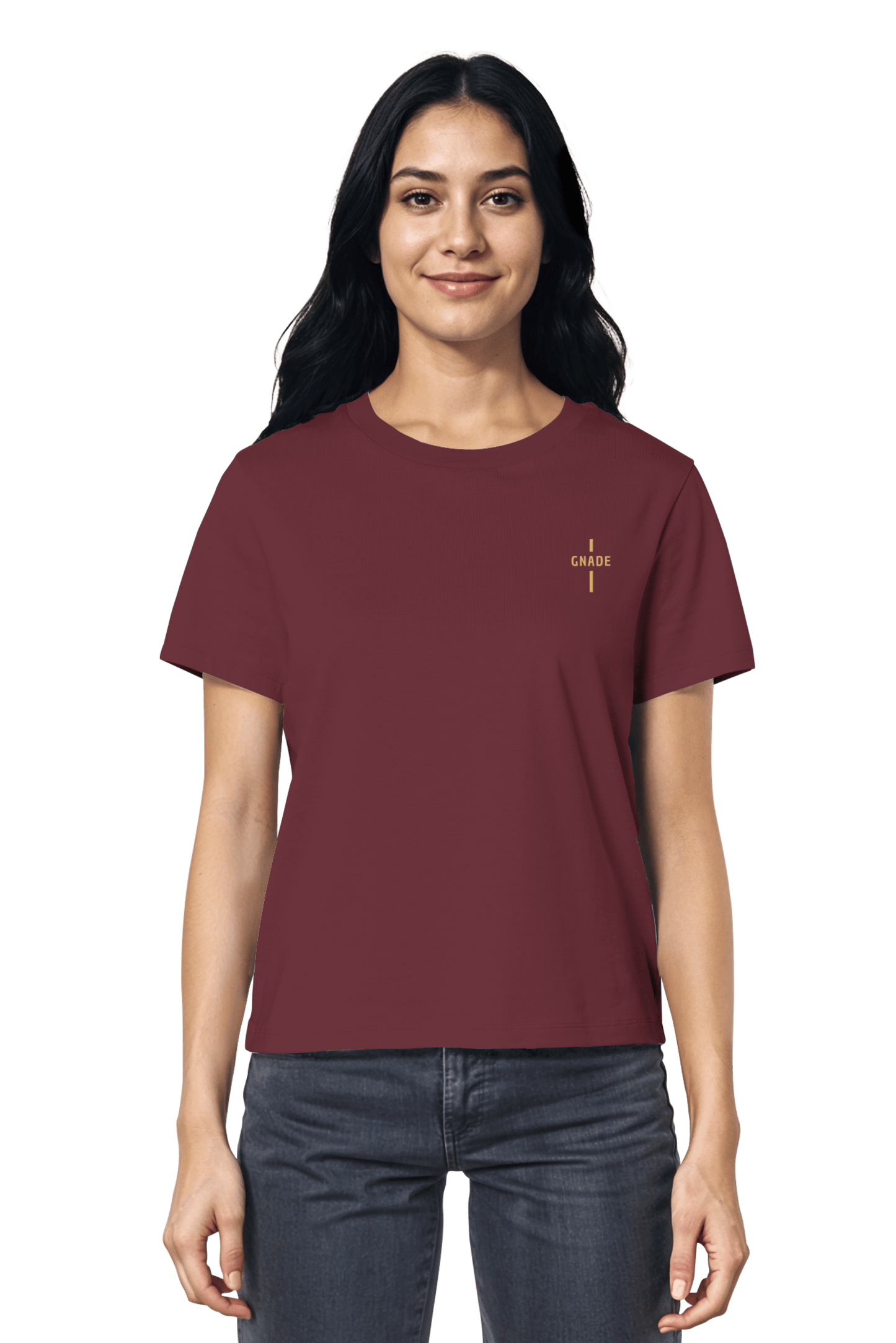 Mission One More ‚Gnade‘ Cotton T-Shirt Burgundy für Frauen mit minimalistischen Stick