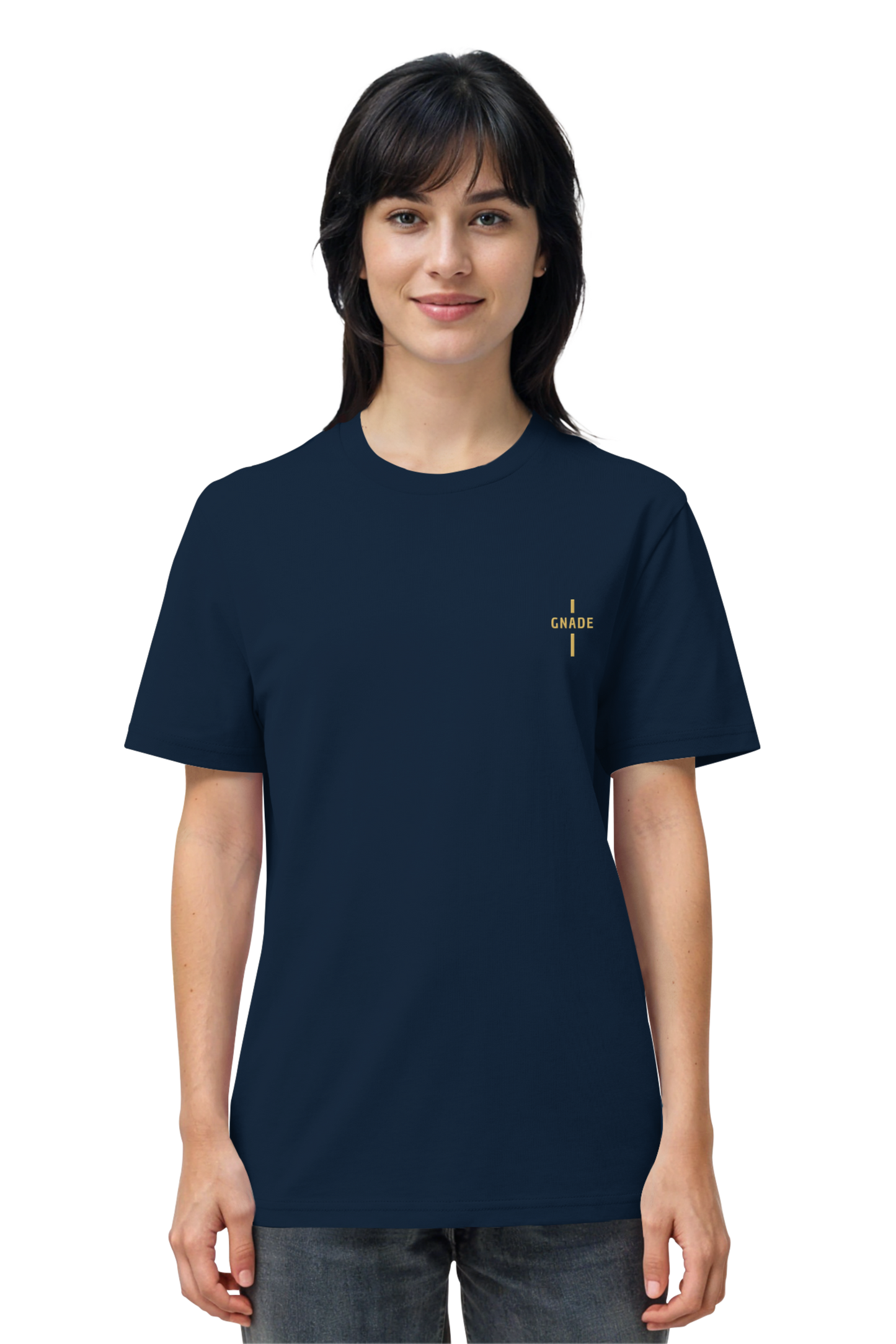 Mission One More Organic Shirt French Navy mit Stick ‚Gnade‘ nachhaltig produziert