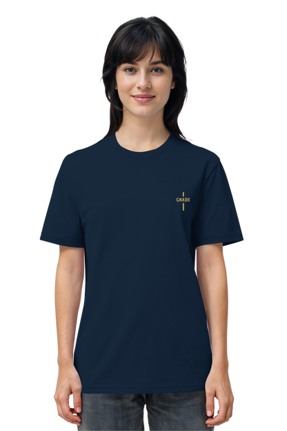 Mission One More Organic Shirt French Navy mit Stick ‚Gnade‘ nachhaltig produziert