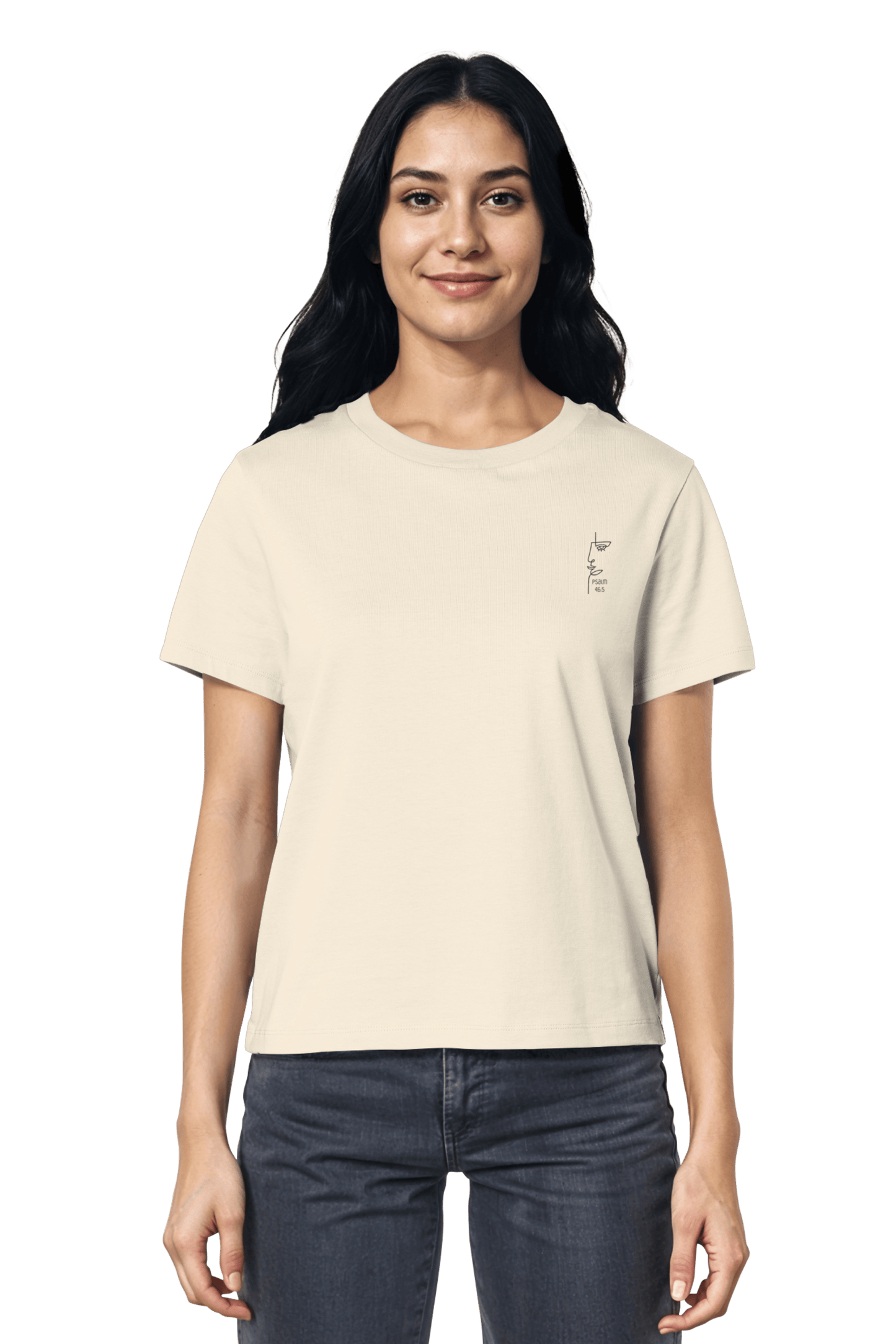 Model trägt God is in her T-Shirt mit subtiler christlicher Botschaft für modernen Glaubens-Lifestyle