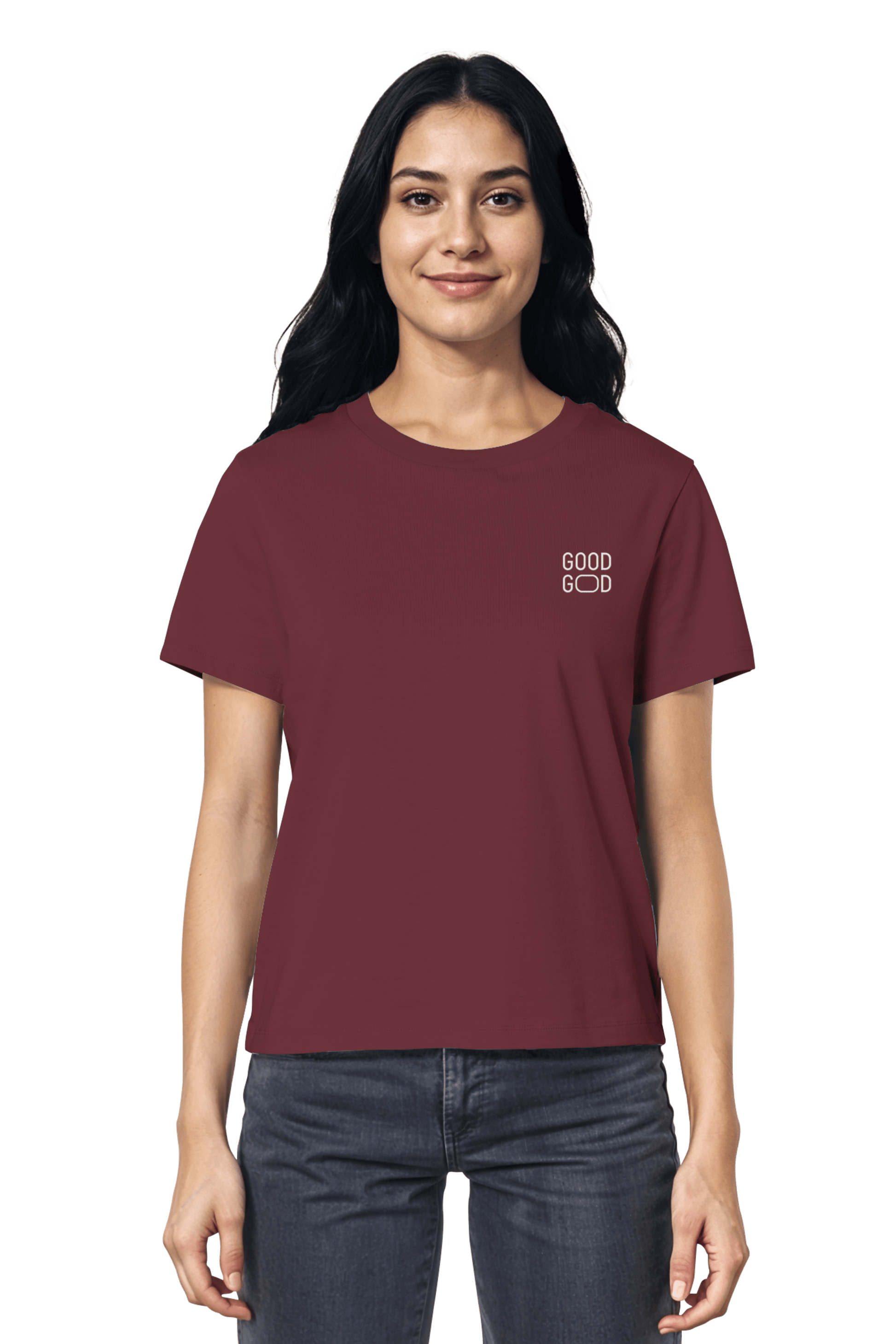 Burgundy Damen-Shirt aus Bio-Baumwolle mit feinem ‚Good God‘ Stickmotiv – Mission One More.
