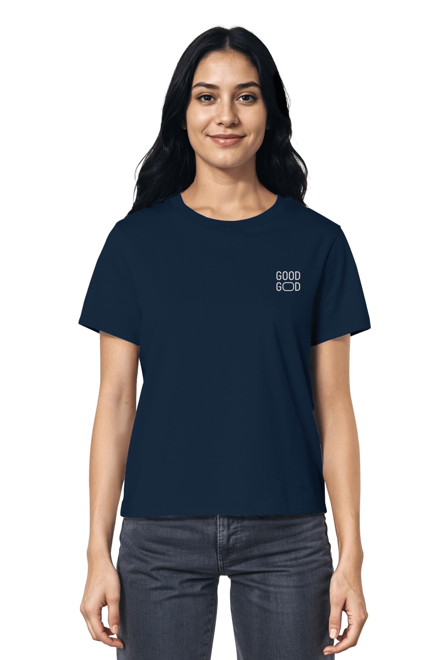 Dunkelblaues Damen-Shirt mit ‚Good God‘ Stickerei – nachhaltige Mode, die deinen Glauben sichtbar macht