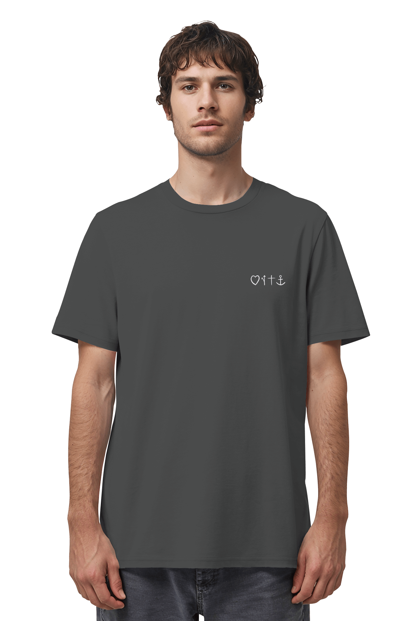 Nachhaltiges T-Shirt in Anthracite aus fairer Herstellung mit christlichem Statement-Stick Gospel von Mission One More