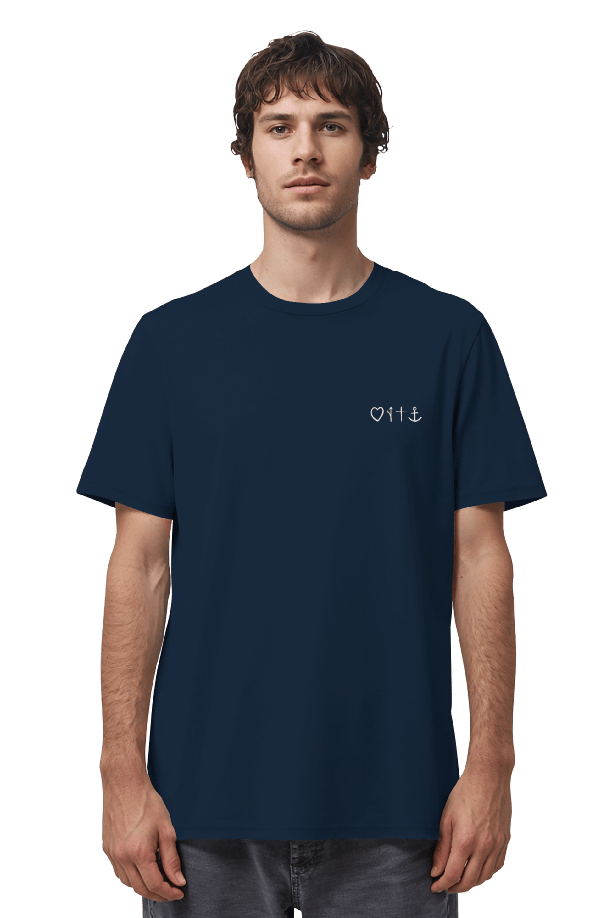 Fair produziertes Mission One More Unisex T-Shirt in French Navy aus zertifizierter Bio-Baumwolle mit hochwertigem Stick