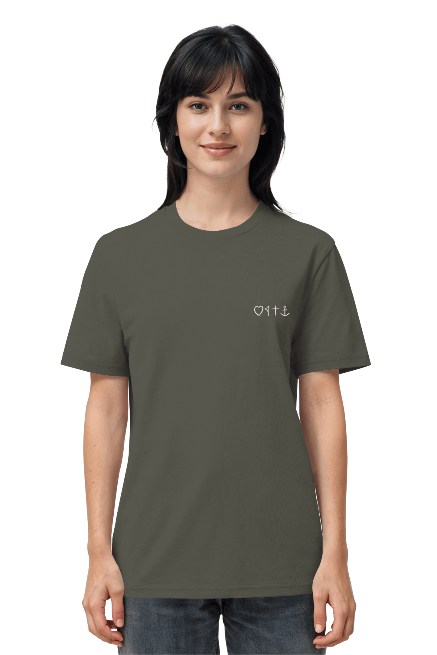 Nachhaltiges Mission One More T-Shirt in Khaki aus 100% Bio-Baumwolle mit christlichem Minimal-Design Gospel