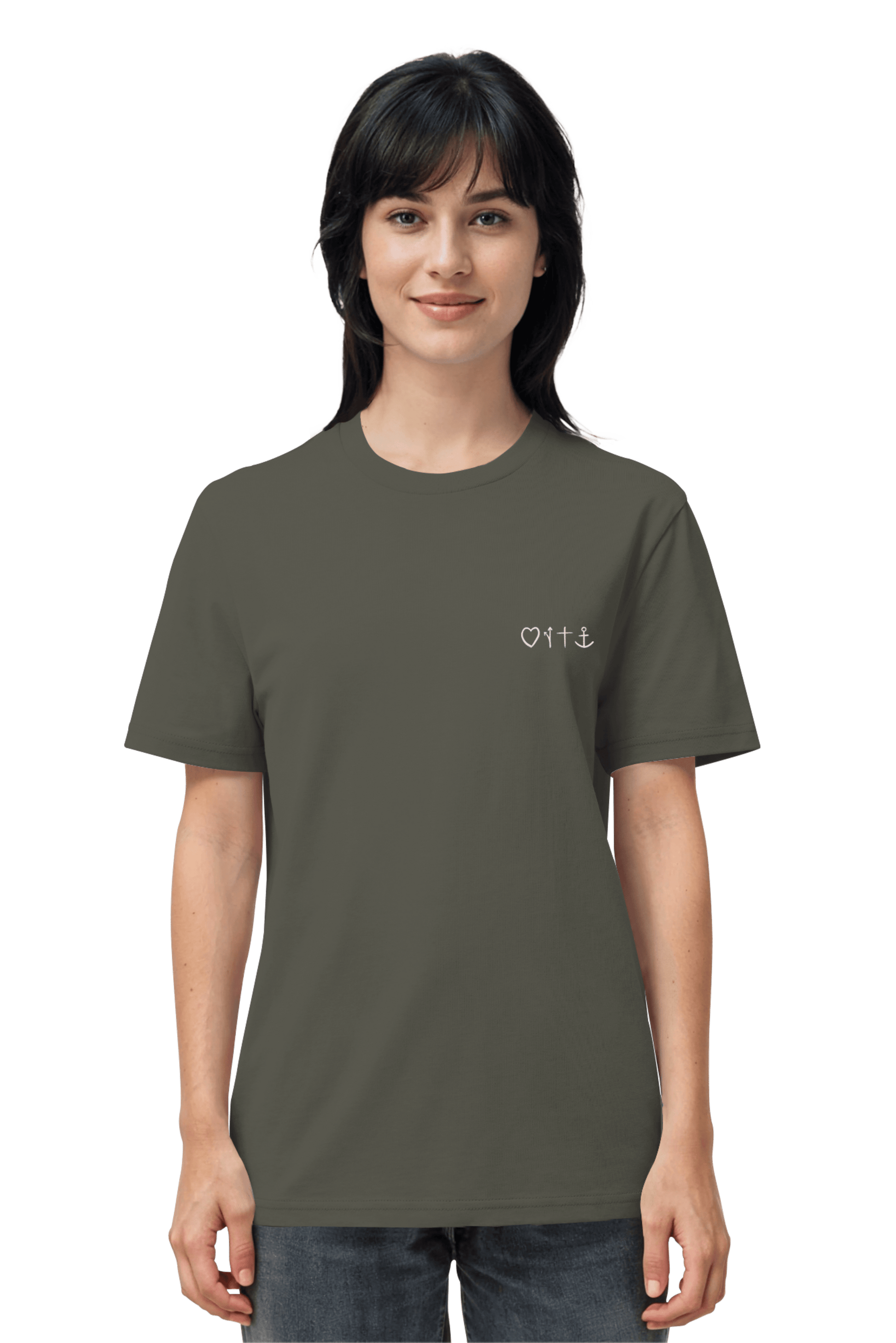 Nachhaltiges Mission One More T-Shirt in Khaki aus 100% Bio-Baumwolle mit christlichem Minimal-Design Gospel