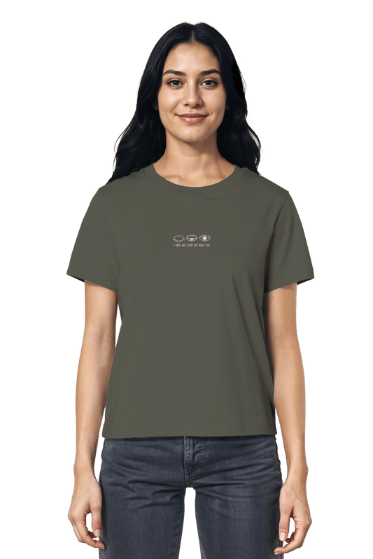 Kahki Mission One More T-Shirt mit minimalistischer christlicher Stickerei - I once was blind but now I see
