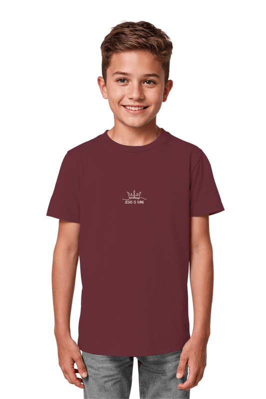 Jesus is King Organic Streatwear Burgundy, fair produzierte christliche Shirts aus Bio-Baumwolle mit hochwertigem Stick