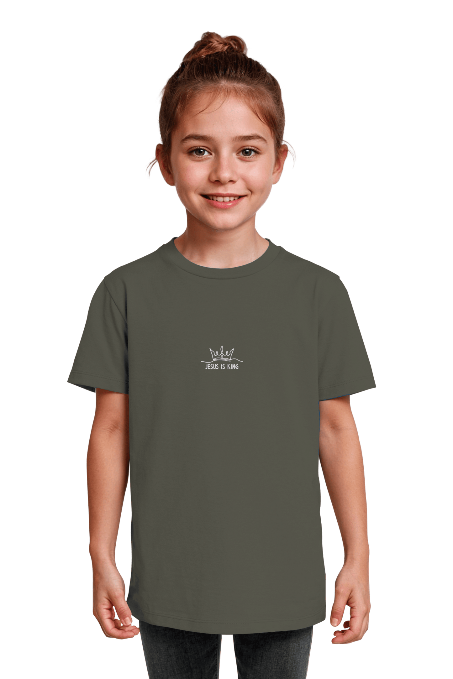 Jesus is King Organic Shirt Khaki, fair produzierte christliche Streetwear aus Bio-Baumwolle fuer Kinder mit Stickmotiv