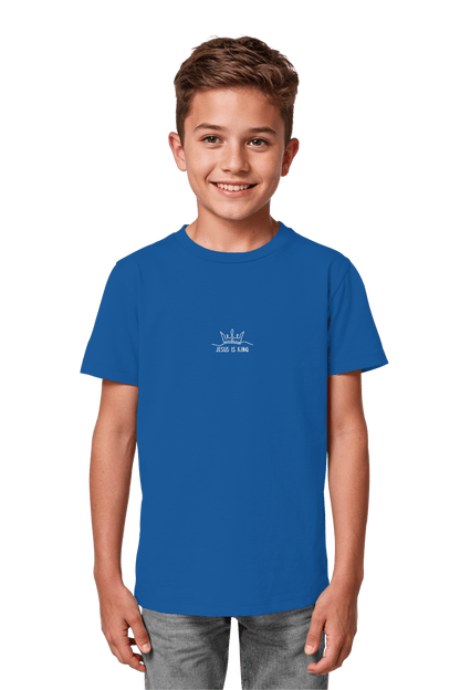 Jesus is King Organic Shirt Royal Blue, hochwertig produzierte christliche Streetwear aus Bio-Baumwolle fuer Kinder