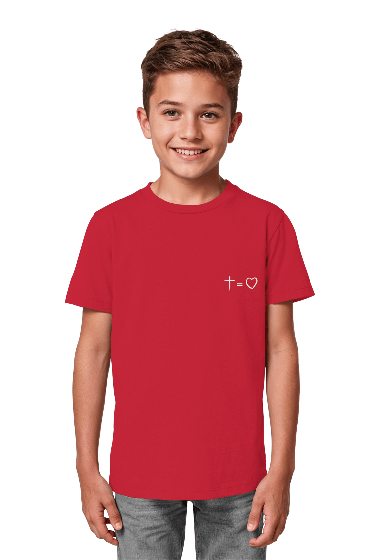 Christliches Bio-Baumwolle T-Shirt Red fuer Kinder mit dem Motiv Kreuz gleich Liebe nachhaltige Mode