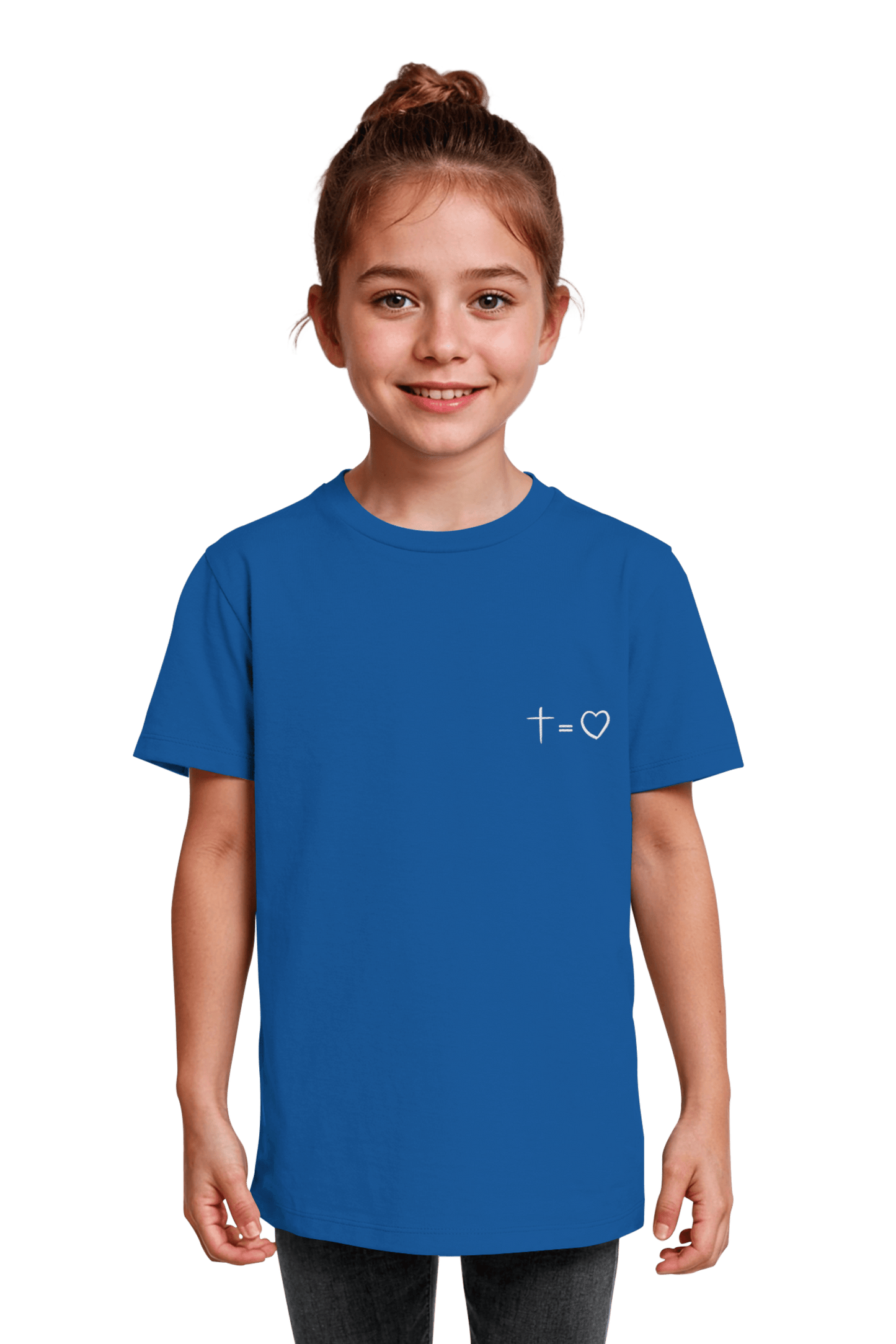 Model trägt christliches Bio-Baumwolle T-Shirt Royal Blue fuer Kinder mit dem Motiv Kreuz gleich Liebe fair hergestellt