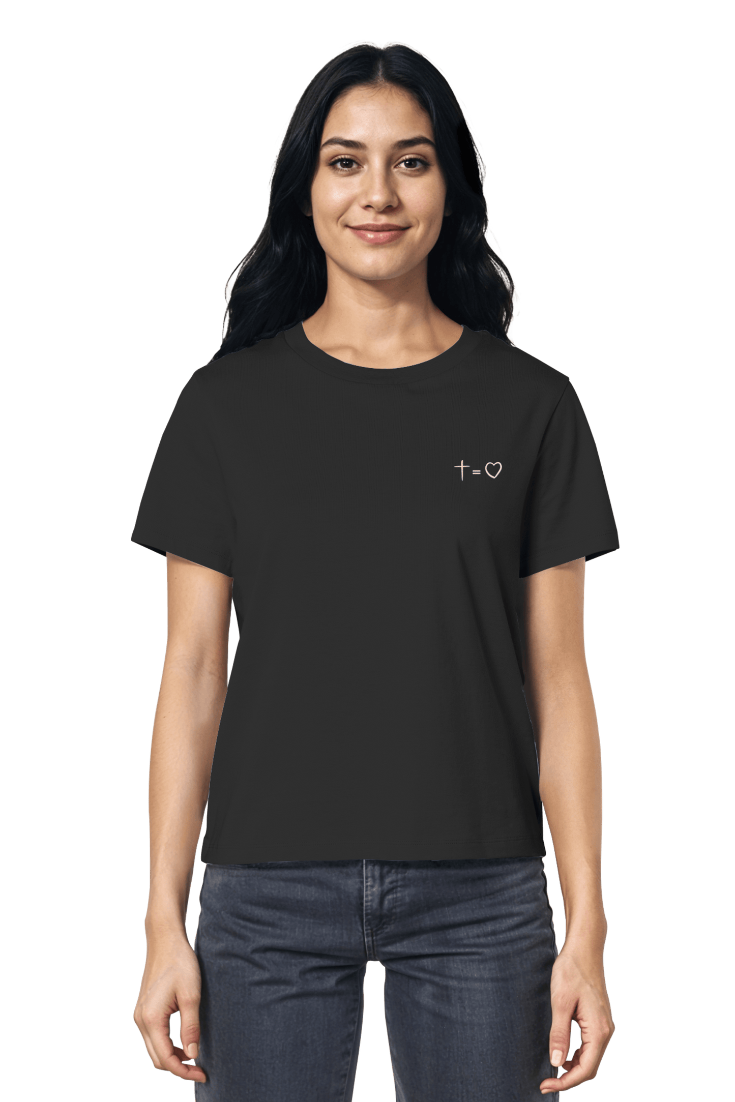 Christliches Organic Shirt fuer Frauen Kreuzgleichliebe, fair gehandelt und hochwertig verarbeitet in Black