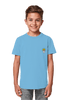 Nachhaltige Bio-Baumwolle T-Shirt fuer Kinder mit dem christlichen Stickmotiv Licht und Salz in Aqua Blue
