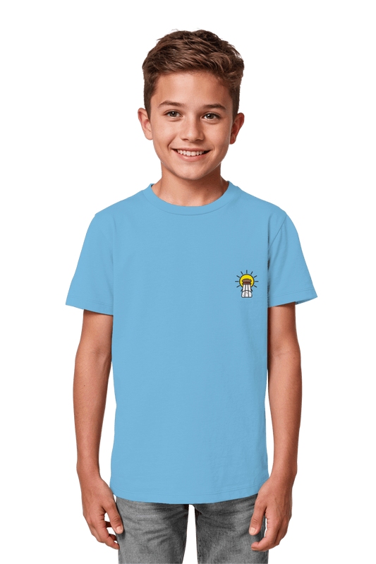 Nachhaltige Bio-Baumwolle T-Shirt fuer Kinder mit dem christlichen Stickmotiv Licht und Salz in Aqua Blue