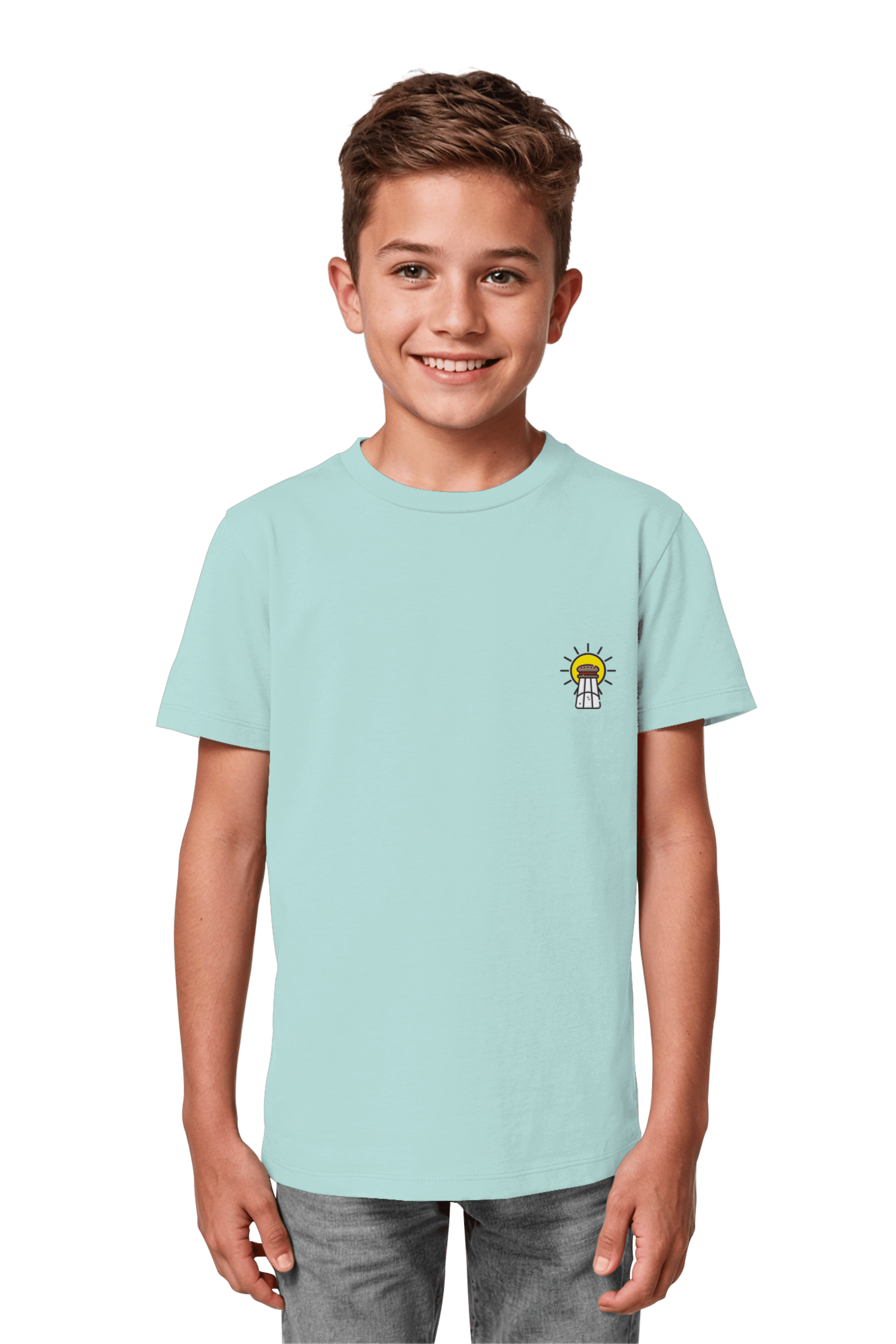 Bio-Baumwolle T-Shirt fuer Kinder mit dem christlichen Motiv Licht und Salz in Caribbean Blue nachhaltig produziert