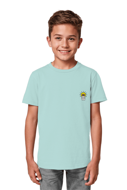 Bio-Baumwolle T-Shirt fuer Kinder mit dem christlichen Motiv Licht und Salz in Caribbean Blue nachhaltig produziert