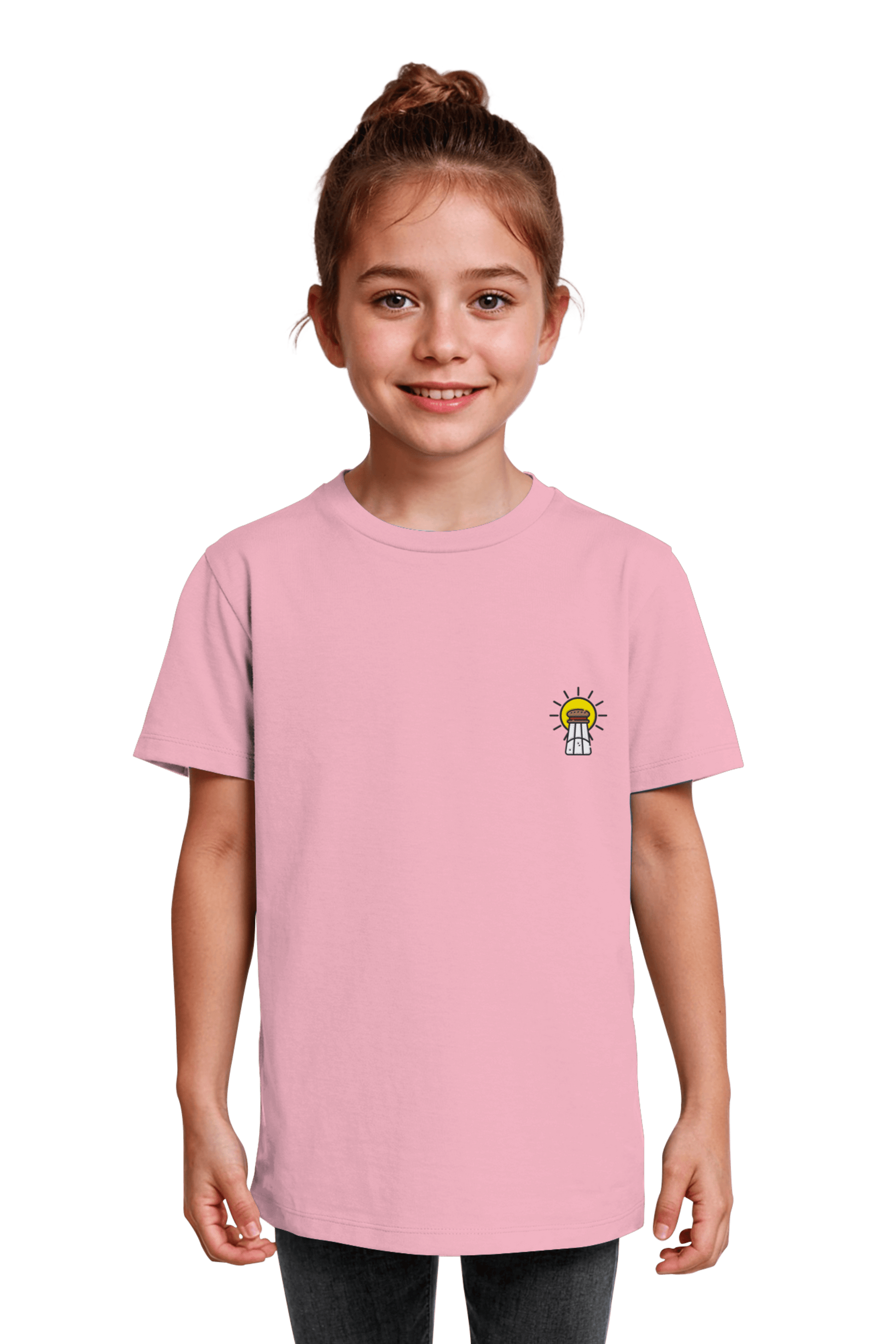 Bio-Baumwolle T-Shirt fuer Kids mit dem christlichen Stickmotiv Licht und Salz in Cotton Pink fair produziert
