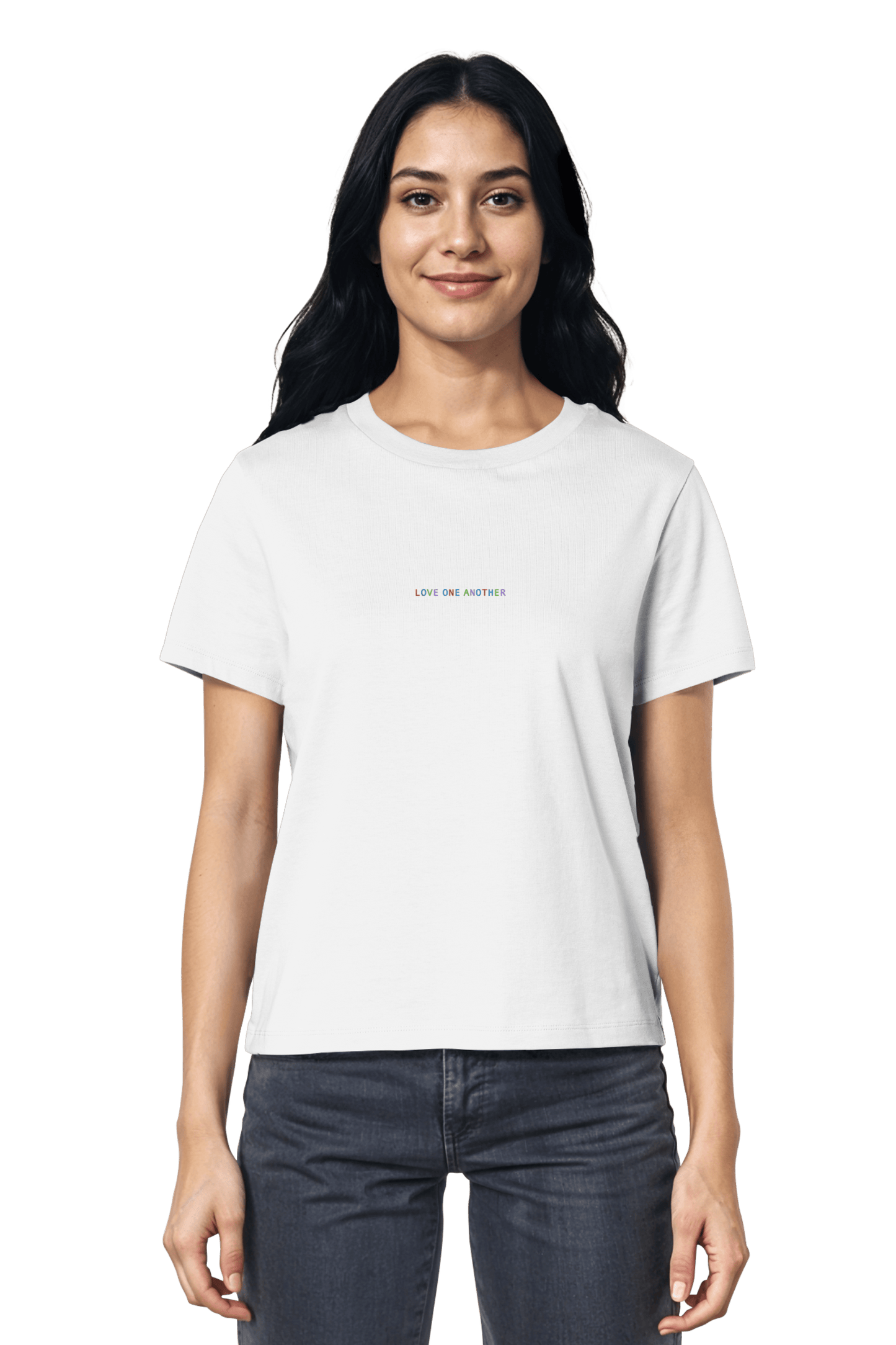 Minimalistisches Love-One-Another-Design T-Shirt von Mission One More – fair produziert und umweltfreundlich in weiß