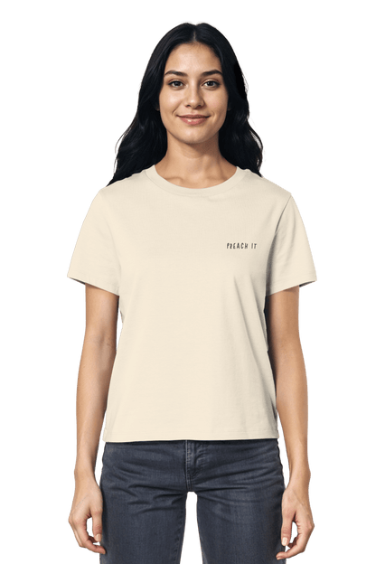 Nachhaltiges Basic-Shirt von Mission One More mit christlichem Minimal-Stick Preach It