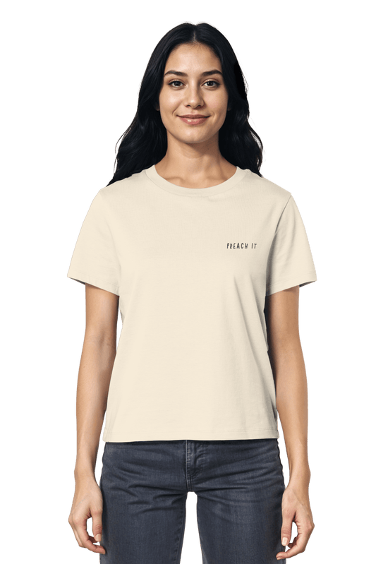 Nachhaltiges Basic-Shirt von Mission One More mit christlichem Minimal-Stick Preach It