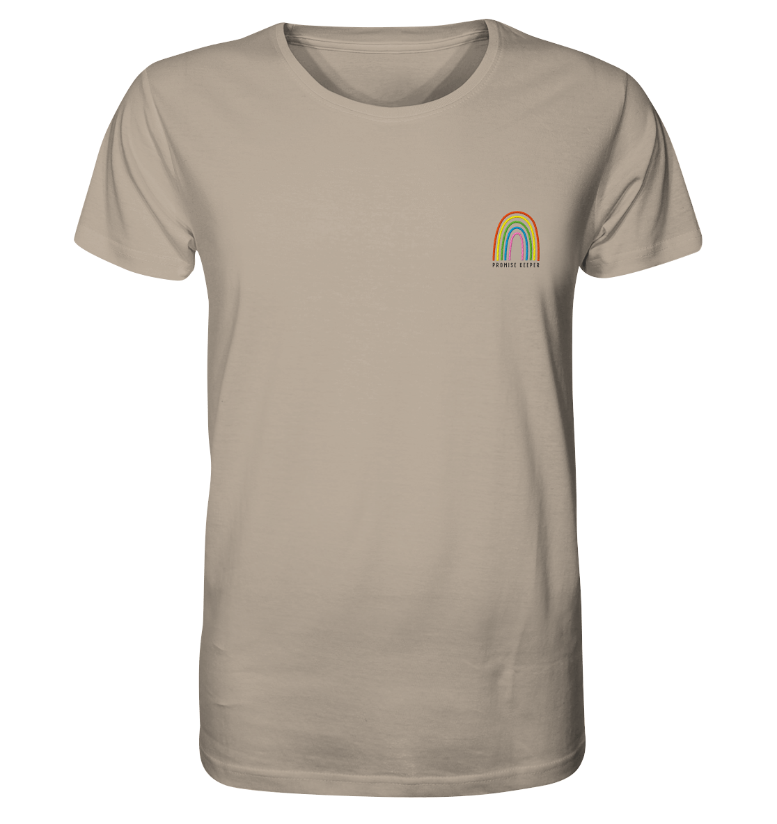 Minimalistisches Unisex-T-Shirt aus zertifizierter Bio-Baumwolle mit Glaubensbotschaft Promise Keper auf Desert Dust