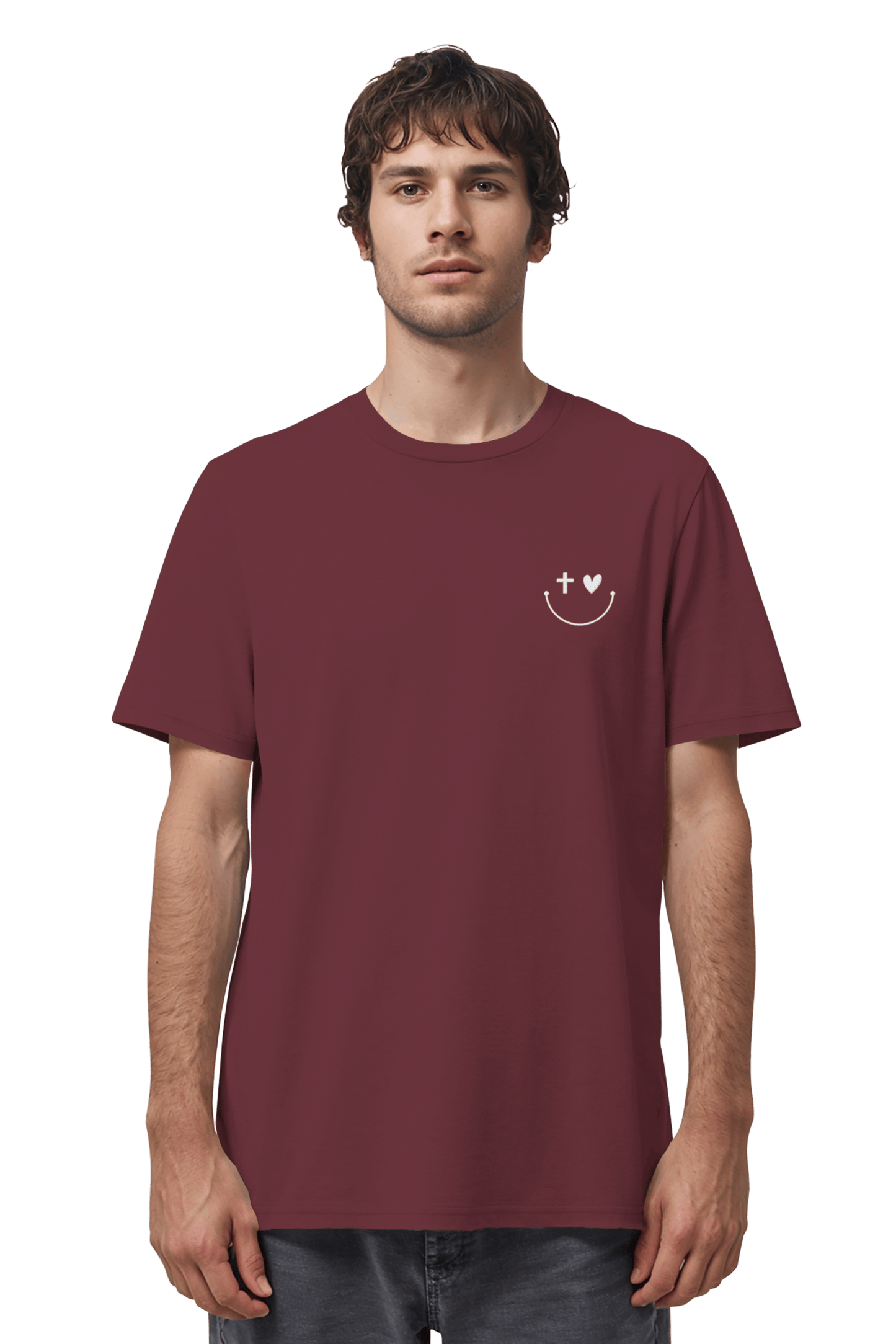 Mission One More ‚Smile‘ christliches unisex T-Shirt Burgundy fair produziert
