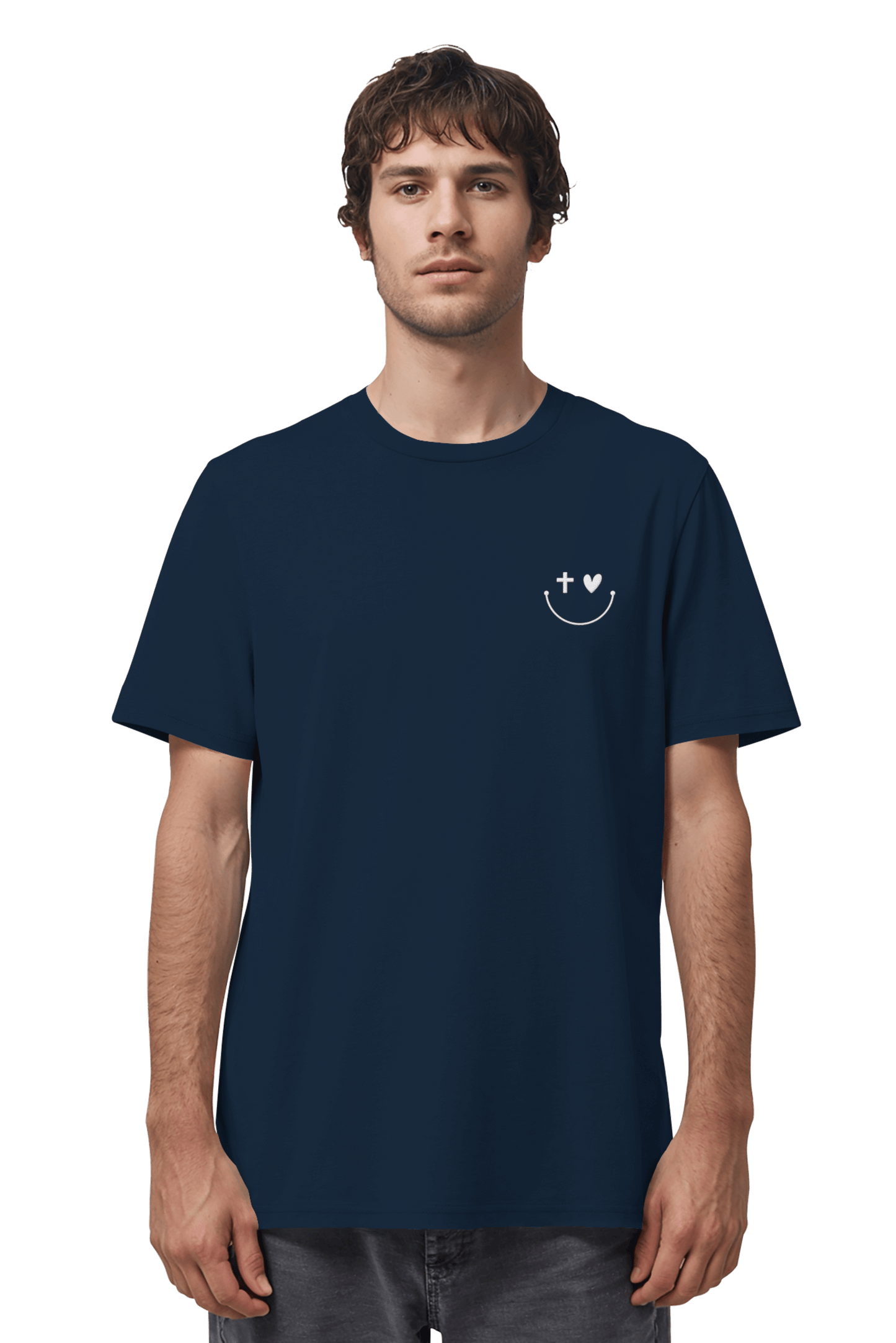 Mission One More ‚Smile‘ Organic Cotton Shirt in French Navy mit minimalistischen & christlichen Design