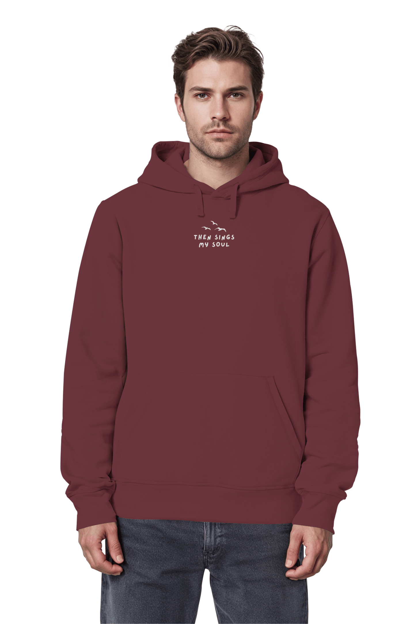 Mission One More christliches Motiv ‚Then sings my Soul‘ Organic Unisex Hoodie Burgundy fair produziert