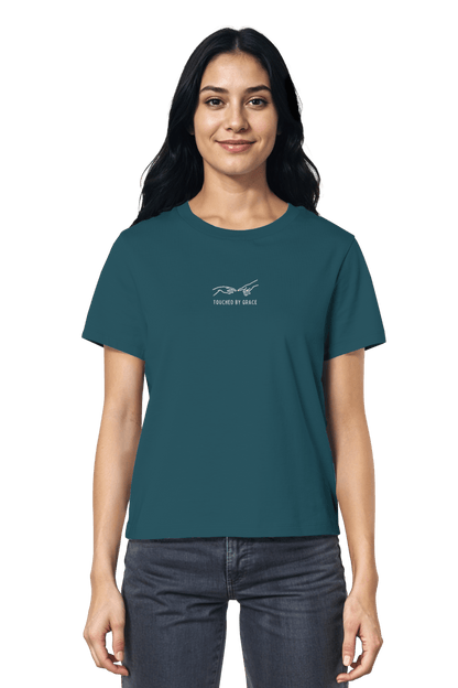 Mission One More nachhaltiges Frauen-T-Shirt im modernen Streetwear-Look mit christlicher Botschaft Touched by Grace